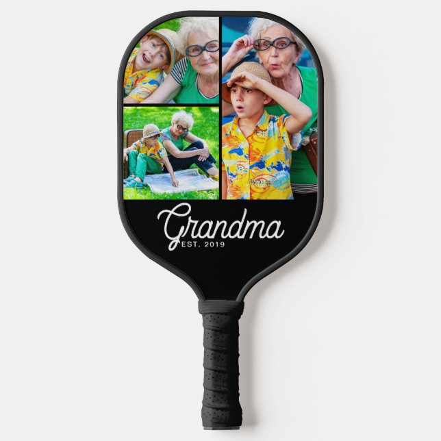 Grandma Established Modern Script Black 3 Photo Pickleball Paddle (Front)