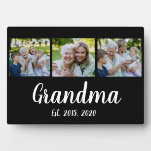 Grandma Established Modern Script Black 3 Photo Plaque
