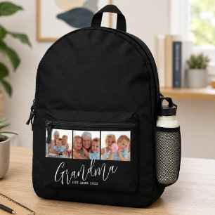 Grandma Established Modern Script Black 3 Photo Printed Backpack