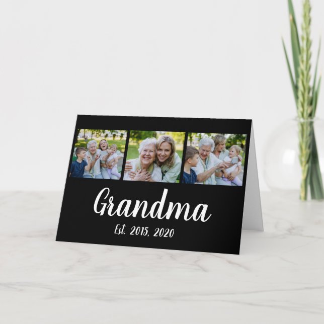 Grandma Established Modern Script Black 3 Photo Thank You Card (Front)