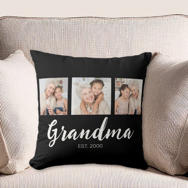 Grandma Established Modern Script Black 3 Photo Throw Pillow (Creator Uploaded)
