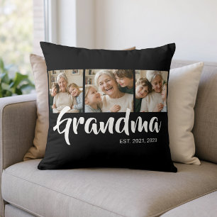Grandma Established Modern Script Black 3 Photo Throw Pillow