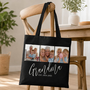Grandma Established Modern Script Black 3 Photo Tote Bag