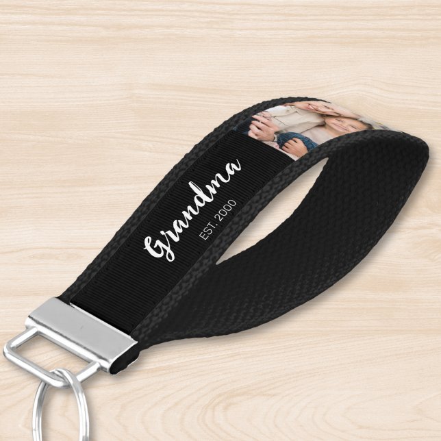 Grandma Established Modern Script Black 3 Photo Wrist Keychain (Creator Uploaded)