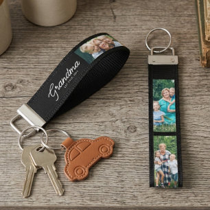 Grandma Established Modern Script Black 3 Photo Wrist Keychain