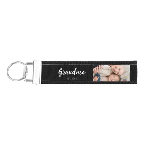 Grandma Established Modern Script Black 3 Photo Wrist Keychain
