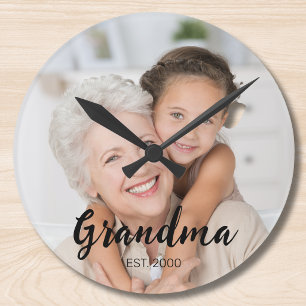 Grandma Established Modern Script Photo Round Clock