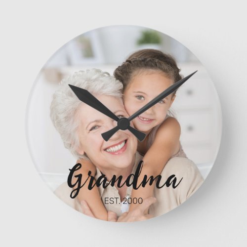 Grandma Established Modern Script Photo Round Clock