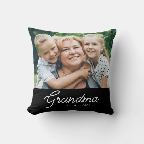 Grandma Established Modern Script Photo Throw Pillow
