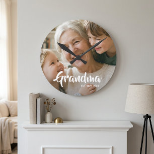 Grandma Established Modern White Script Photo Round Clock