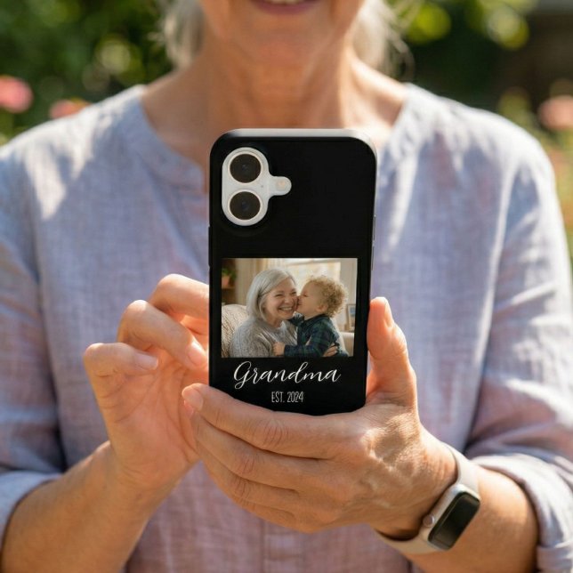 Grandma Established Photo White Script Text iPhone Case (Creator Uploaded)