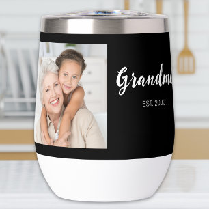 Grandma Established Script 2 Photo Black Thermal Wine Tumbler