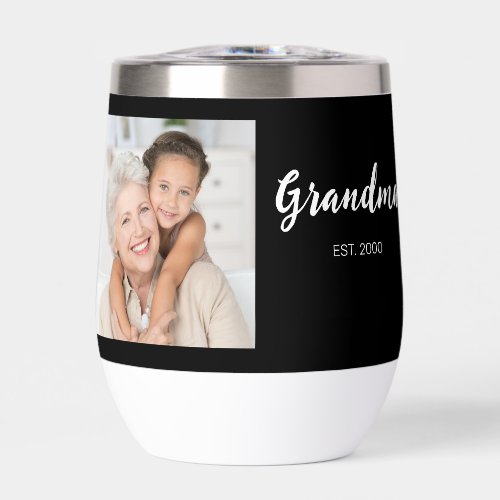 Grandma Established Script 2 Photo Black Thermal Wine Tumbler