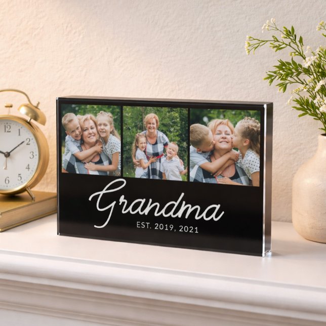 Grandma Established Script Black 3 Photo Block (Creator Uploaded)