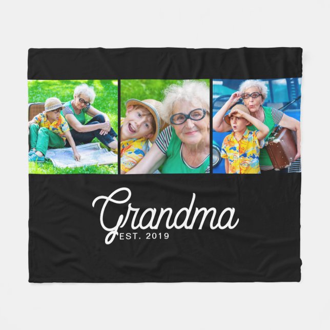 Grandma Established Script Black 3 Photo Fleece Blanket (Front (Horizontal))
