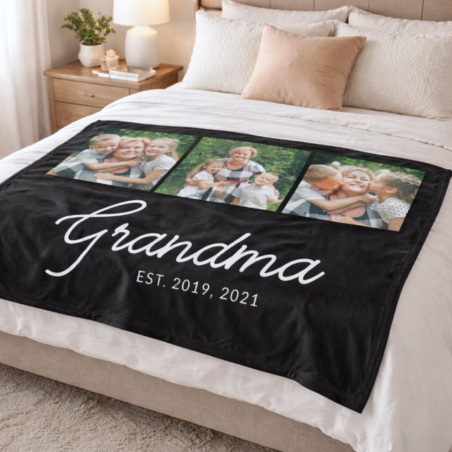 Grandma Established Script Black 3 Photo Fleece Blanket (Creator Uploaded)