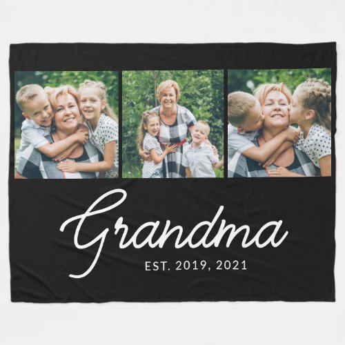 Grandma Established Script Black 3 Photo Fleece Blanket