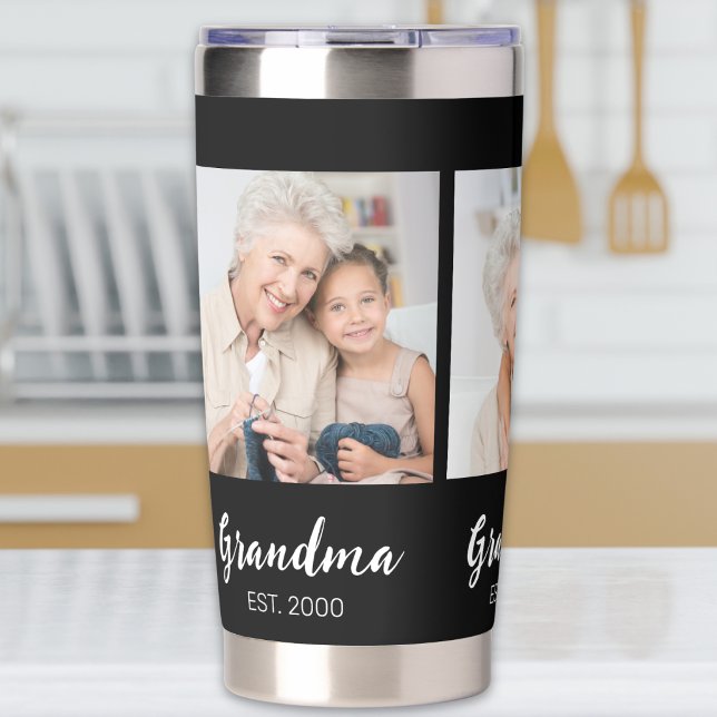 Grandma Established Script Black 3 Photo Insulated Tumbler (Creator Uploaded)