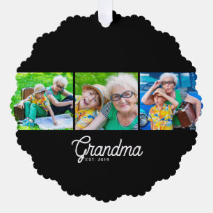 Grandma Established Script Black 3 Photo Ornament Card