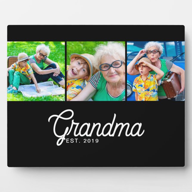 Grandma Established Script Black 3 Photo Plaque (Front)
