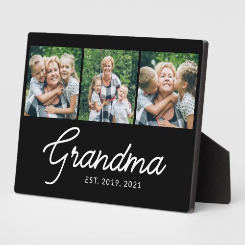 Grandma Established Script Black 3 Photo Plaque