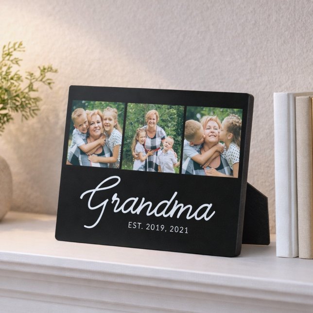 Grandma Established Script Black 3 Photo Plaque (Creator Uploaded)