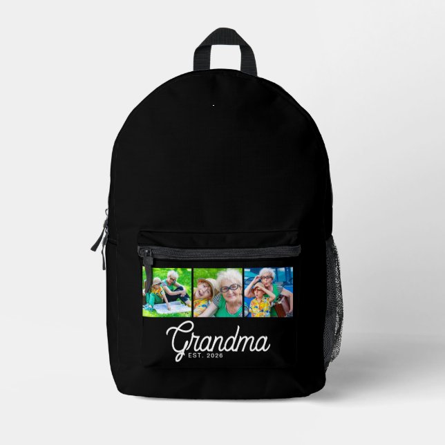 Grandma  Established Script Black 3 Photo Printed Backpack (Front)