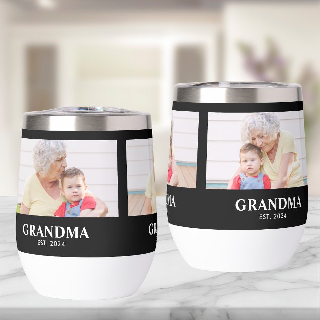 Grandma Established Script Black 3 Photo Thermal Wine Tumbler (Creator Uploaded)