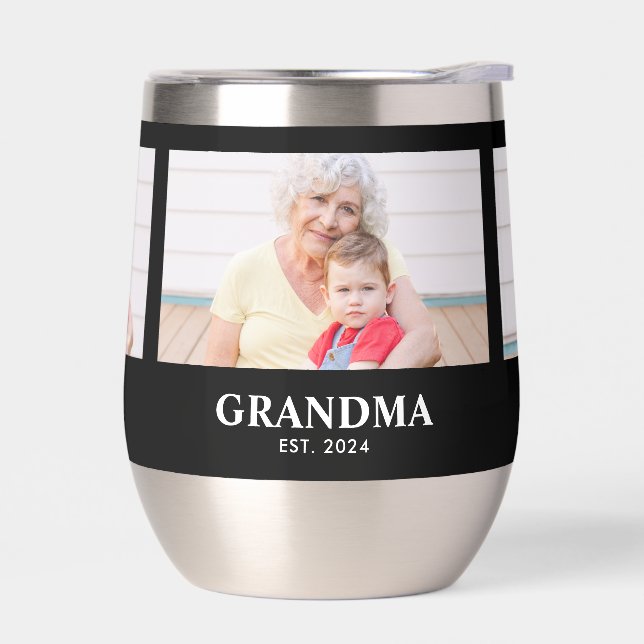 Grandma Established Script Black 3 Photo Thermal Wine Tumbler (Left)