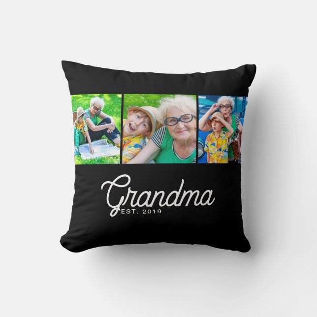 Grandma Established Script Black 3 Photo Throw Pillow (Front)