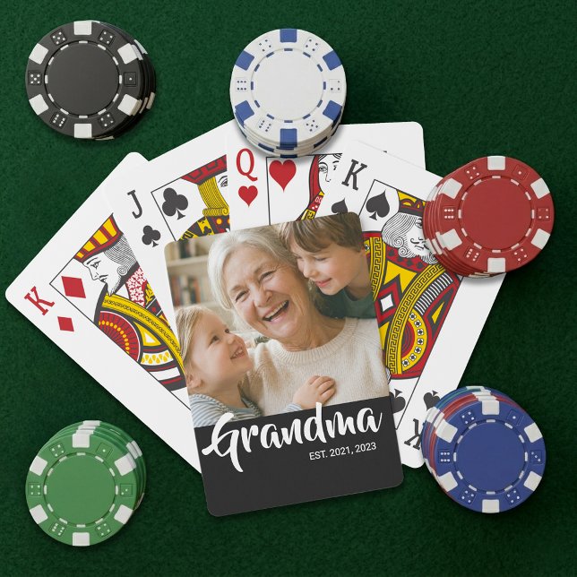 Grandma Established Script Black Photo Poker Cards (Grandma Established Script Photo Playing Cards)