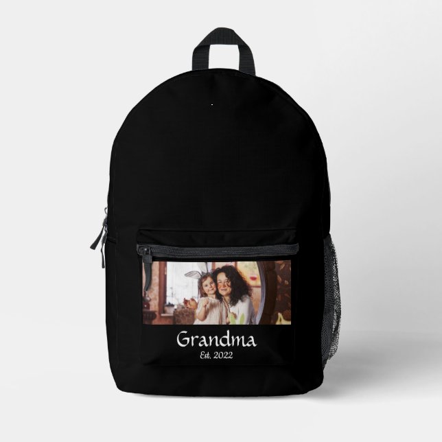Grandma Established Script Black Photo Printed Backpack (Front)