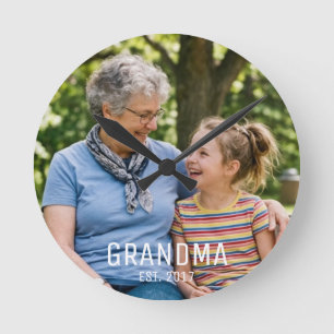 Grandma Established Script Black Photo Round Clock