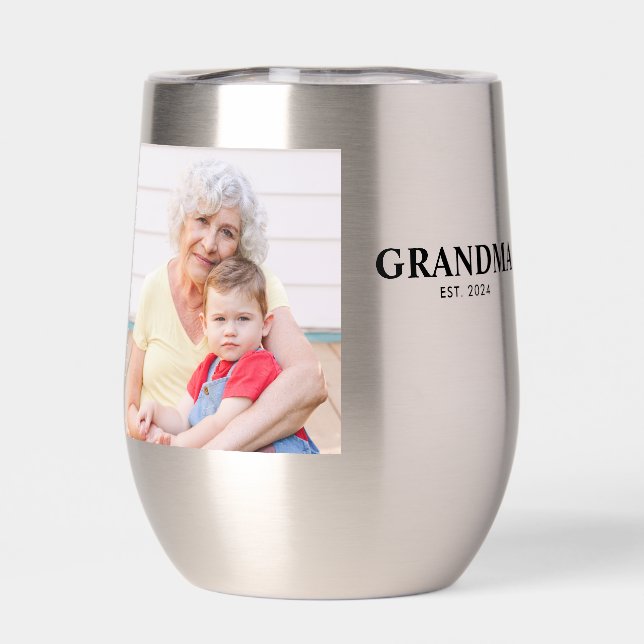 Grandma Established Script Black Photo Thermal Wine Tumbler (Back)