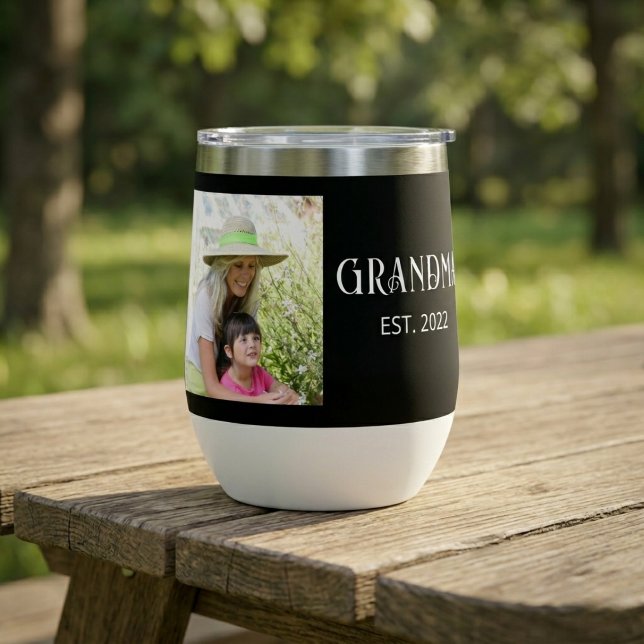 Grandma Established Script Black Photo  Thermal Wine Tumbler (Creator Uploaded)