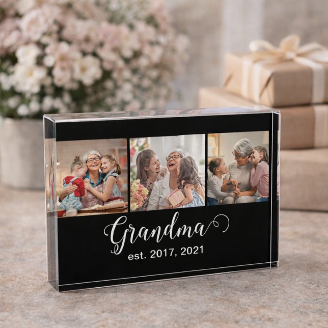 Grandma Established Script Gift 3 Photo Block (Creator Uploaded)