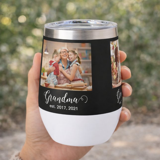 Grandma Established Script Gift 3 Photo Thermal Wine Tumbler (Creator Uploaded)