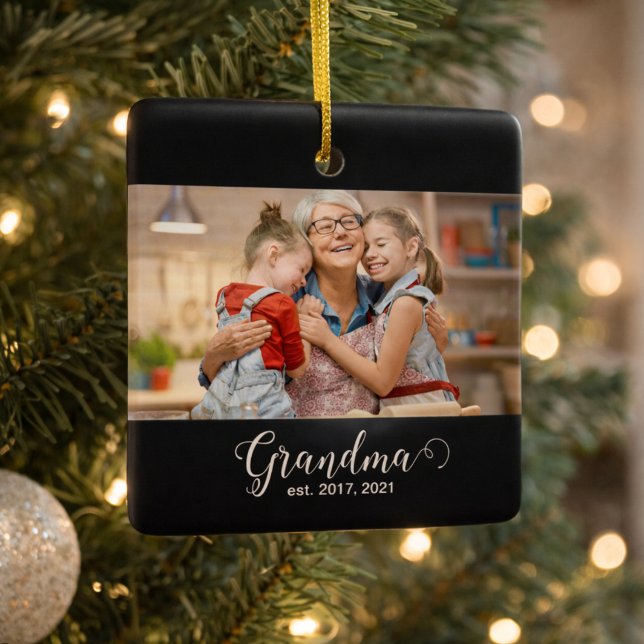 Grandma Established Script Gift Photo Ceramic Ornament (Creator Uploaded)