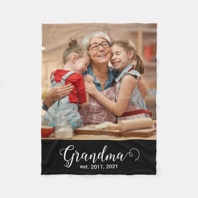 Grandma Established Script Gift Photo Fleece Blanket (Front)