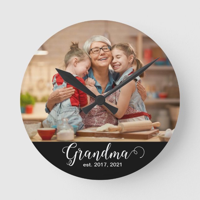 Grandma Established Script Gift Photo Round Clock (Front)