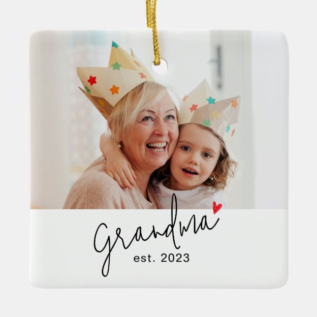 Grandma Established Script Photo Ceramic Ornament (Front)