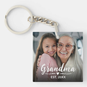 Grandma Established White Script Photo Keychain
