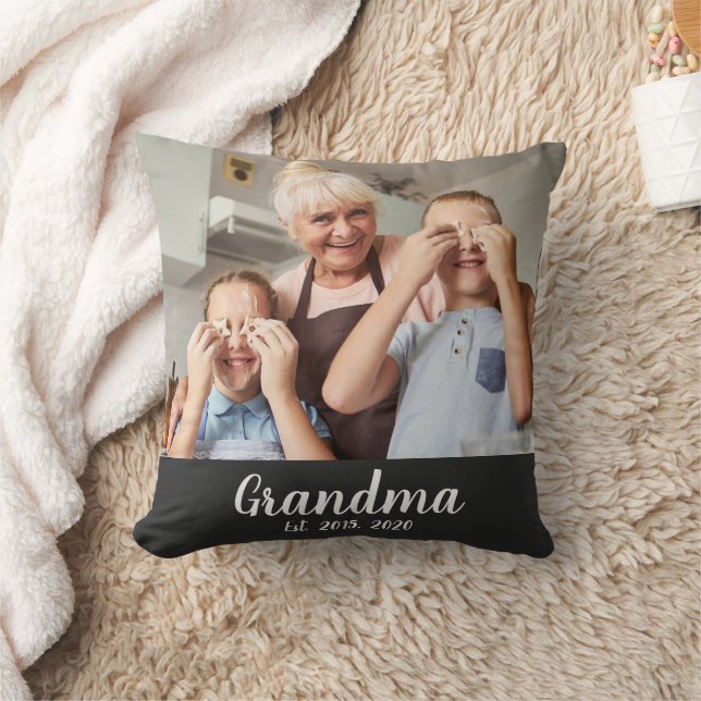Grandma Established White Script Photo Throw Pillow (Blanket)