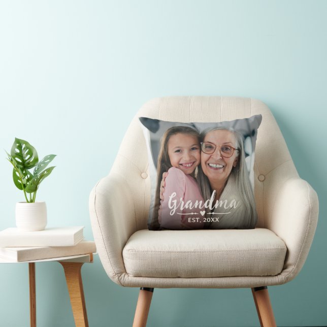 Grandma Established White Script Photo Throw Pillow (Chair)