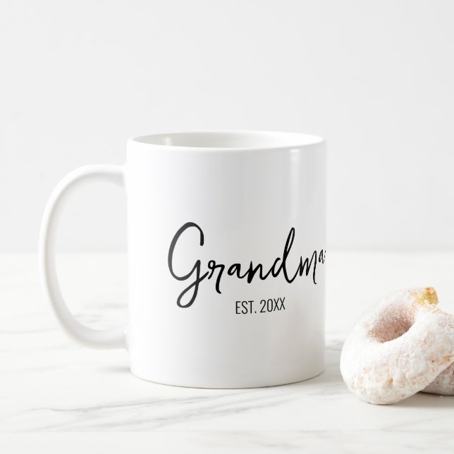 Grandma Established Year Black Script Typography Coffee Mug (With Donut)