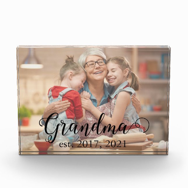 Grandma Established Year Modern Black Script Photo Acrylic Award (Front)