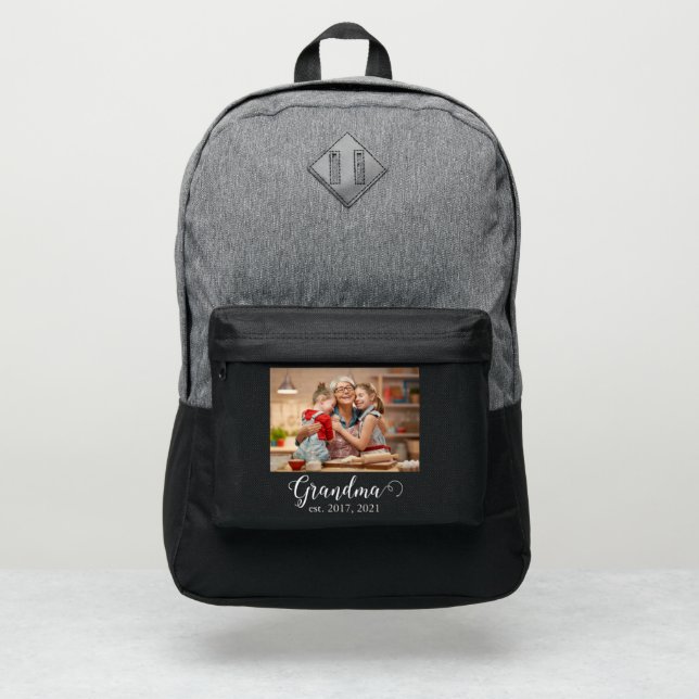 Grandma Established Year Modern White Script Photo Port Authority® Backpack (Front)