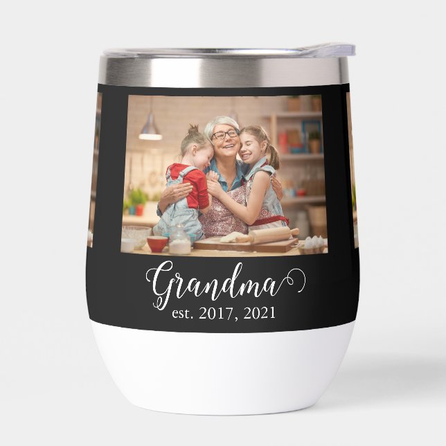 Grandma Established Year Modern White Script Photo Thermal Wine Tumbler (Left)