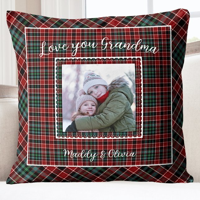 Grandma Family Photo Rustic Plaid Throw Pillow (Grandma Holiday Christmas Grandkids Photo Throw )