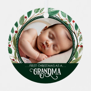 Grandma First Christmas Photo Holiday Pattern Metal Ornament